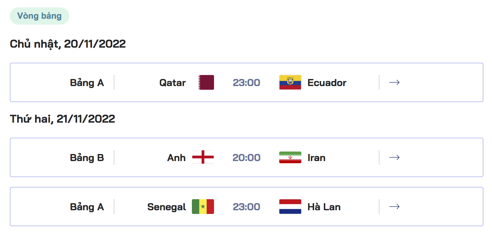Lịch thi đấu World Cup 2022 - Chủ nhật ngày 20 tháng 11 năm 2022