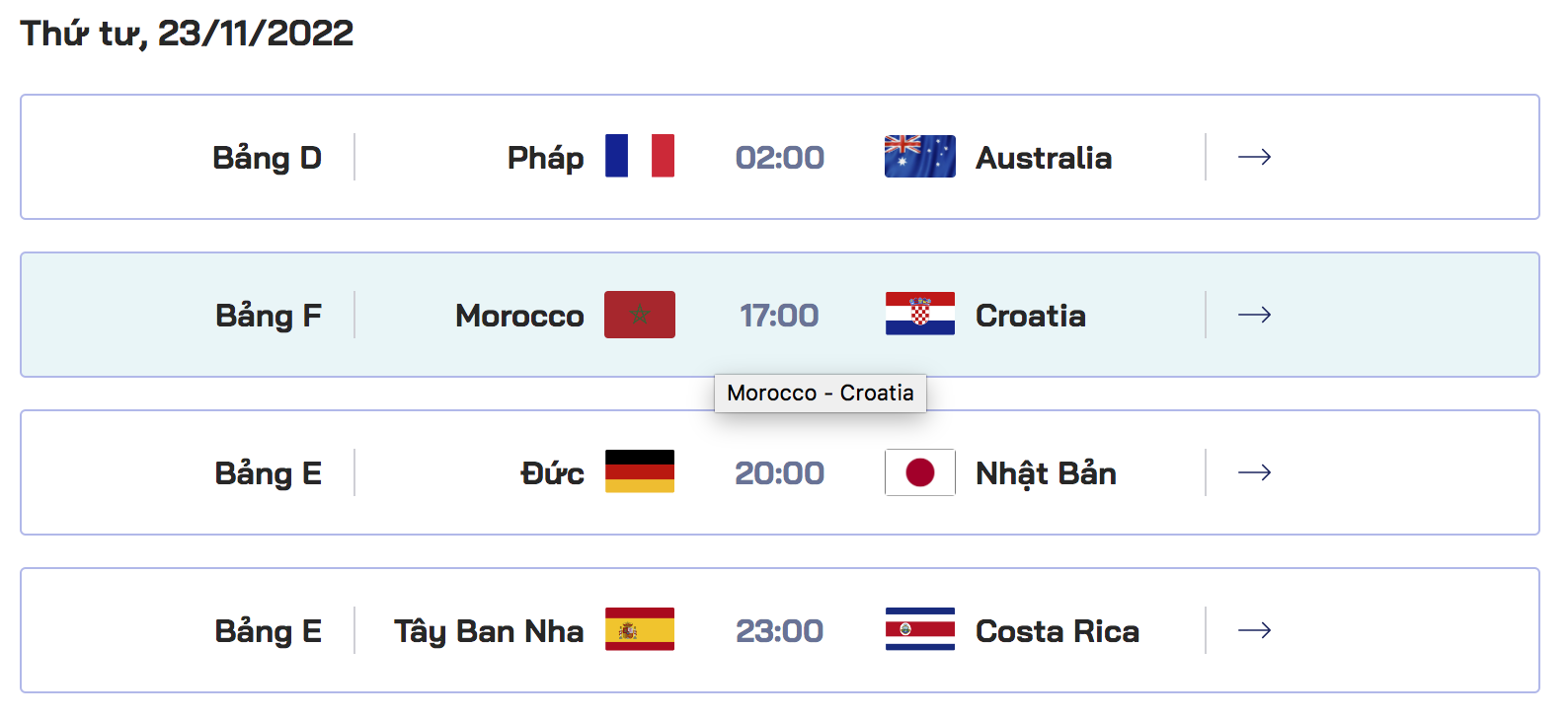 Lịch thi đấu World Cup 2022 - Thứ 2 ngày 23 tháng 11 năm 2022