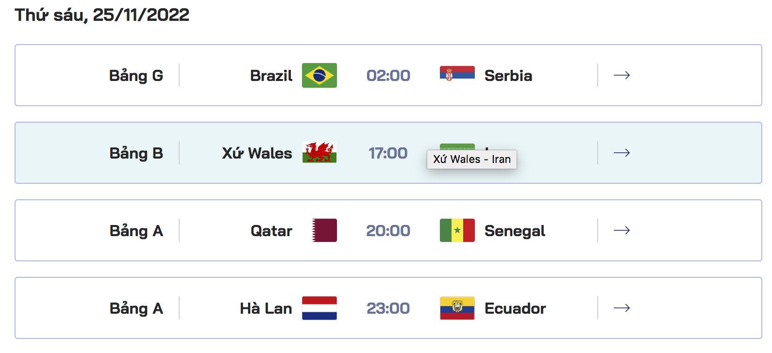 Lịch thi đấu World Cup 2022 - Thứ 6 ngày 25 tháng 11 năm 2022