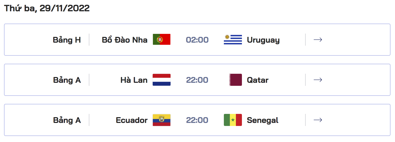 Lịch thi đấu World Cup 2022 - Thứ 3 ngày 29 tháng 11 năm 2022