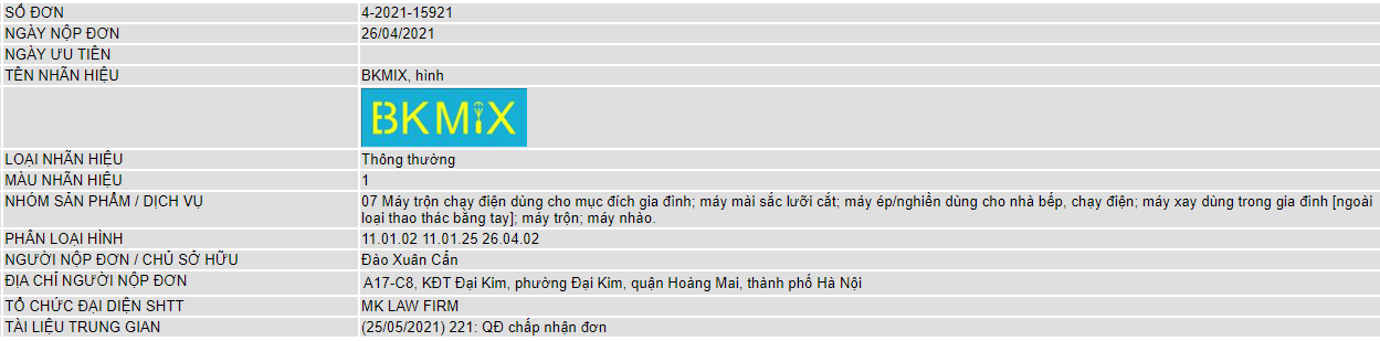 Đăng ký thành công nhãn hiệu "BKMIX" cho nhóm sản phẩm đồ gia dụng nhà bếp