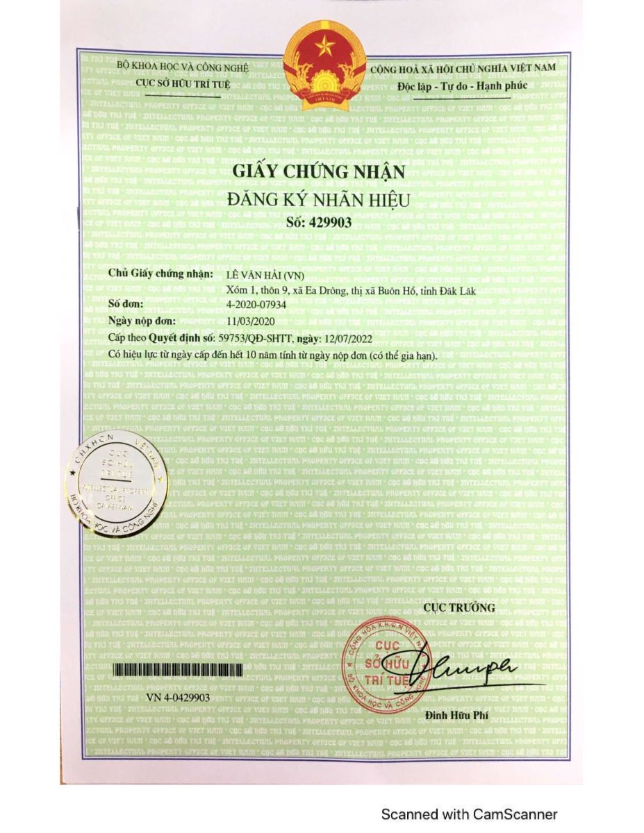Mẫu giấy chứng nhận đăng ký nhãn hiệu tại tỉnh Đắk Lắk