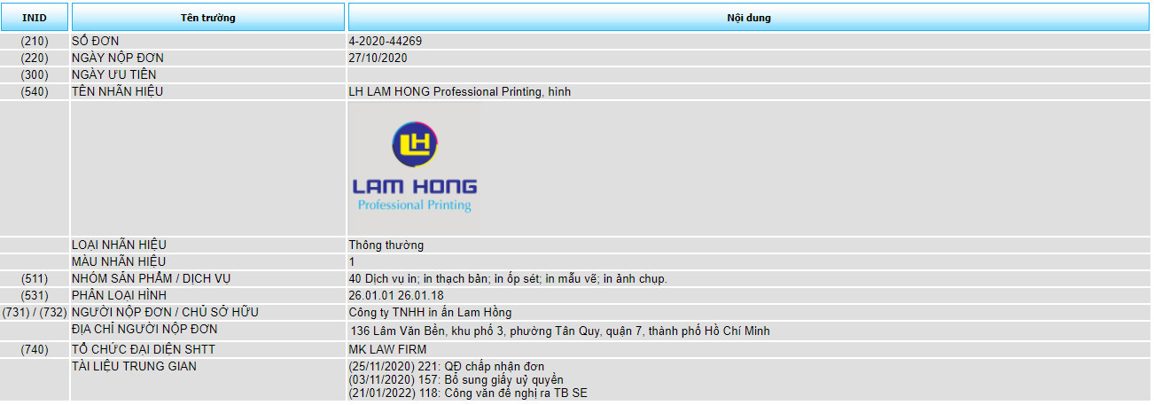 Đăng ký bảo hộ độc quyền dịch vụ nhãn hiệu “LS LAM HONG Professinal Printing”