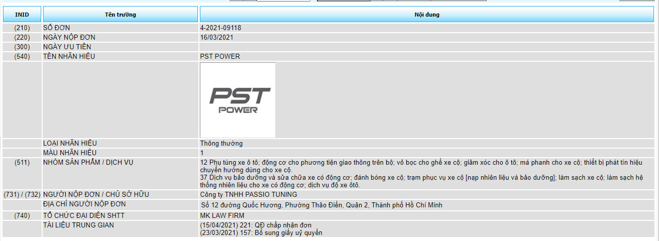Đăng ký bảo hộ độc quyền nhãn hiệu “PST POWER” cho sản phẩm phụ tùng xe cộ và dịch vụ bảo dưỡng xe cộ