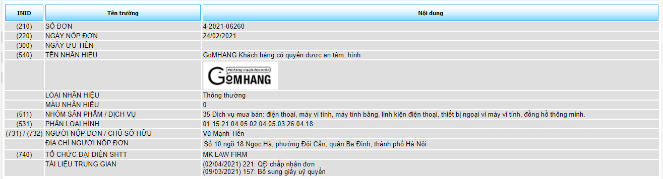 Đăng ký bảo hộ độc quyền nhãn hiệu “GOMHANG Khách hàng có quyền được an tâm” co dịch vụ mua bán thiết bị điện tử và linh kiện điện tử