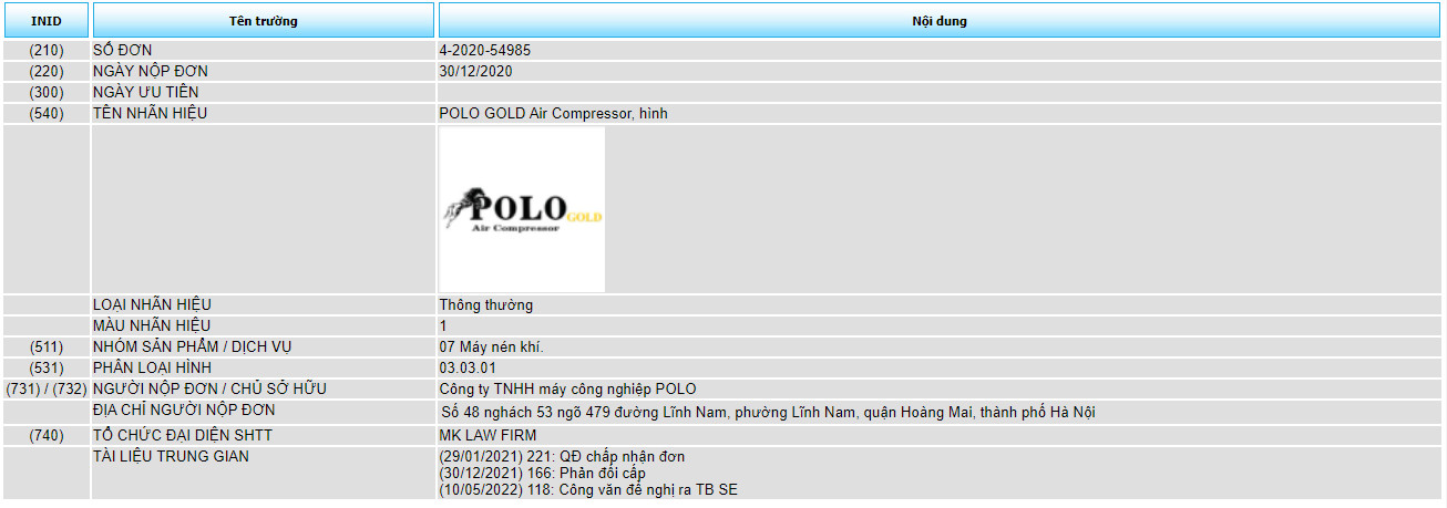 Đăng ký bảo hộ độc quyền nhãn hiệu “POLO GOLD Air Compressor”