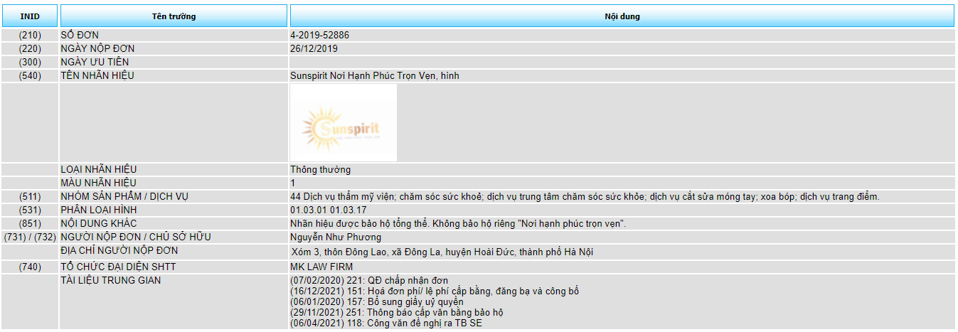Đăng ký bảo hộ độc quyền dịch vụ chăm sóc sức khỏe, thẩm mỹ viện, dịch vụ trang điểm nhãn hiệu "Sunspirit"