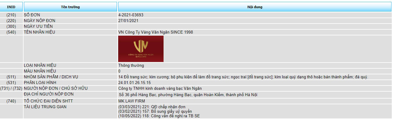 Đăng ký bảo hộ độc quyền nhãn hiệu “VN CÔNG TY VÀNG VĂN NGÂN SINCE 1998” cho sản phẩm đồ trang sức