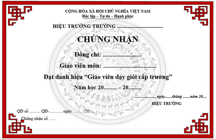 Mẫu giấy chứng nhận giáo viên dạy giỏi cấp trường mới nhất 2023