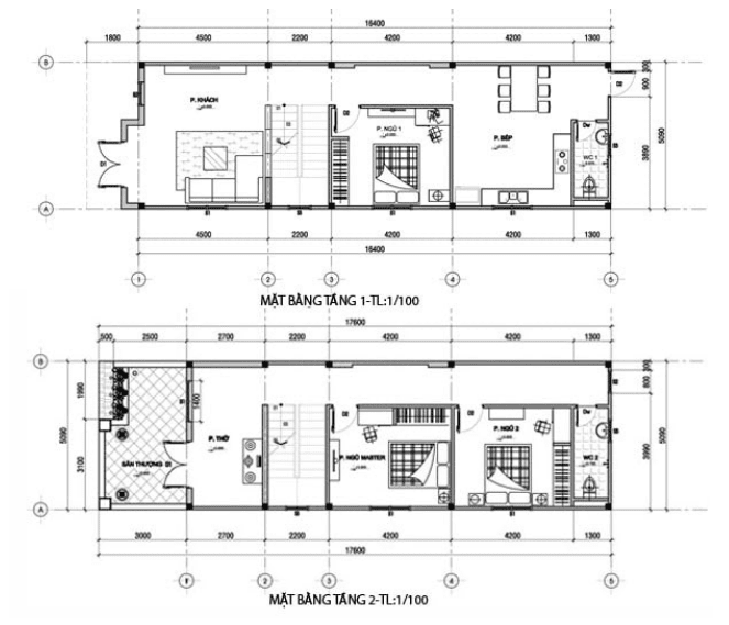 Bản vẽ nhà 2 tầng - diện tích 5x15m