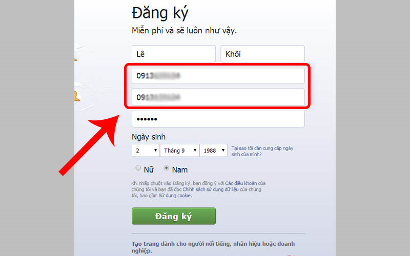 Dùng SĐT chưa được đăng ký cho tài khoản Facebook khác