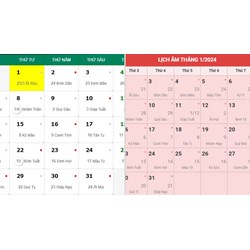 Lịch dương 2024 - Lịch âm 2024 từ 01/01 đến 29/12 âm lịch đầy đủ