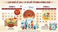 Lịch nghỉ lễ 30/4, 1/5 và Giỗ tổ Hùng Vương 2026 như thế nào?
