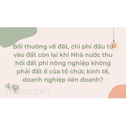 Bồi thường về đất, chi phí đầu tư vào đất còn lại khi Nhà nước thu hồi đất phi nông nghiệp không phải đất ở của tổ chức kình tế, doanh nghiệp liên doanh ?