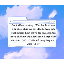 Có ý kiến cho rằng: “Mọi hành vi mua trái phép chất ma túy đều bị truy cứu trách nhiệm hình sự về tội mua bán trái phép chất ma túy Điều 251 Bộ luật Hình sự năm 2015”. Ý kiến đó đúng hay sai? Giải thích?