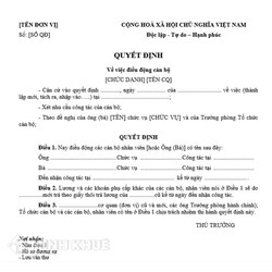 Mẫu quyết định về việc điều động cán bộ mới nhất