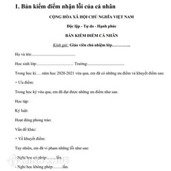 Mẫu bản kiểm điểm tự nhận lỗi của học sinh mới nhất 2025