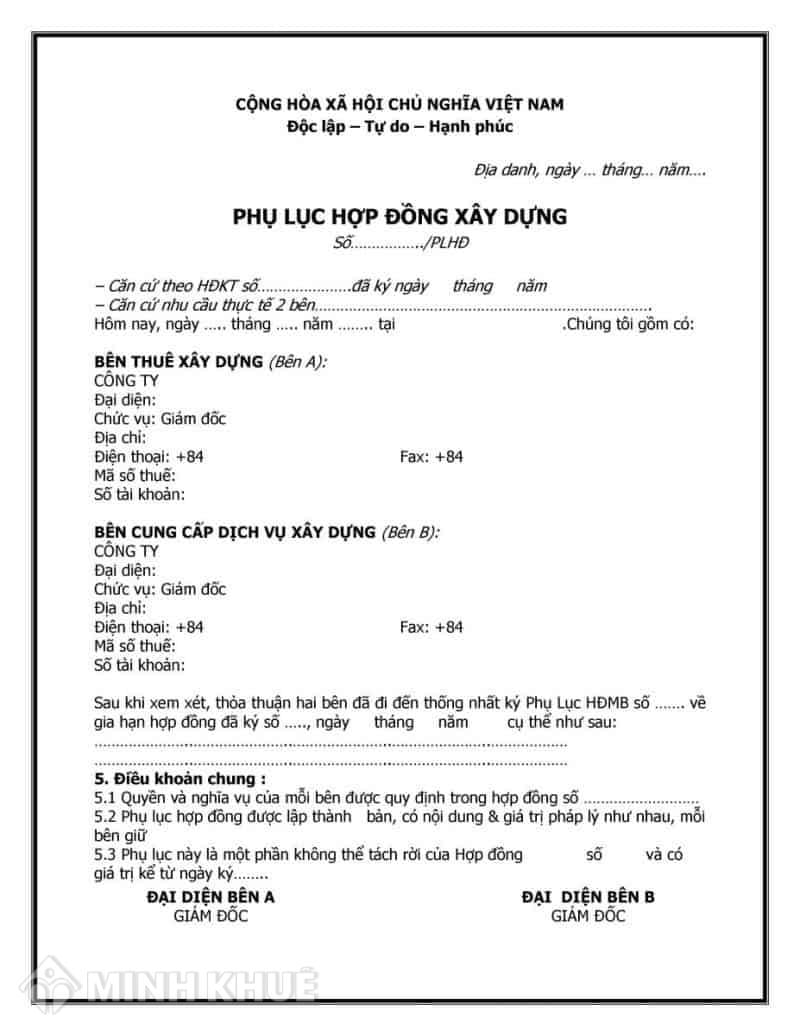 Mẫu Phụ Lục Hợp Đồng Bổ Sung Khối Lượng Xây Dựng Mới Nhất 2023