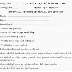 Bản tự nhận xét đánh giá, xếp loại của giáo viên mới nhất