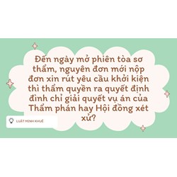 Đến ngày mở phiên tòa sơ thẩm, nguyên đơn mới nộp đơn xin rút yêu cầu khởi kiện thì thẩm quyền ra quyết định đình chỉ giải quyết vụ án của Thẩm phán hay Hội đồng xét xử?